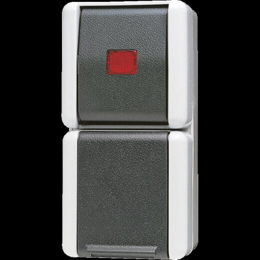 Jung SCHUKO®-Steckdose 16 A 250 V ~ mit Wipp-KontrollschalterUniversal Aus-Wechsel 10 AX 250 V ~, 16 A 250 V ~, IP 44, WG 800 876KOW