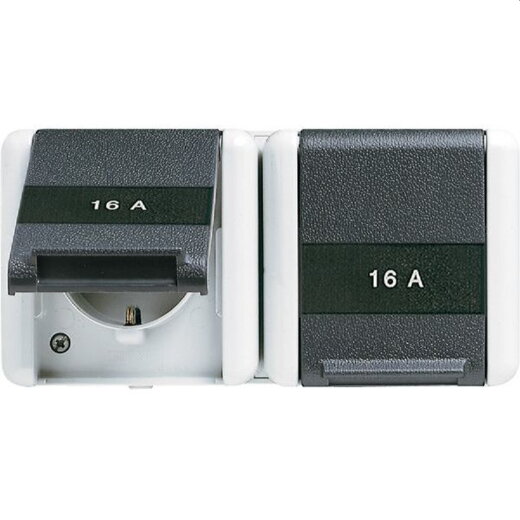 Jung SCHUKO®-Zweifach-Steckdose, 4 Leitungseinführungen, 2 Einzelabdeckungen mit integriertem erhöhten Berührungsschutz, 16 A 250 V ~, mit Schriftfeld, int 8220KINAW