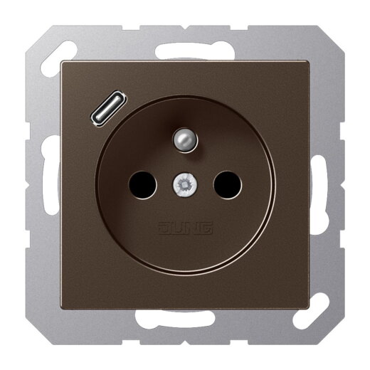 Jung Steckdose, französisch/belgisches System 16 A 250 V ~, mit USB-Ladegerät 1 x Typ C, SAFETY+, Serie A, mokka A1520F-18CMO