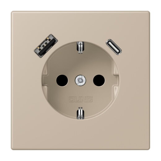 Jung SCHUKO Steckdose 16 A 250 V ~, mit USB-Ladegerät 1 x Typ A + 1 x Typ C, SAFETY+, Serie LS, ombre naturelle cla LC1520-15CA243