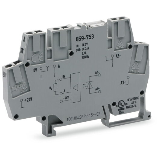 WAGO Optokopplermodul Eingangsnennspannung DC 5 V Ausgangsspannungsbereich DC 0 ? 24 V grau 859-753