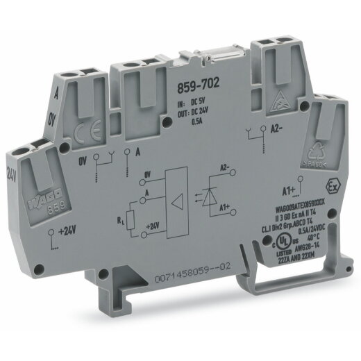 WAGO Optokopplermodul Eingangsnennspannung DC 5 V Ausgangsspannungsbereich DC 0 ? 24 V grau 859-702