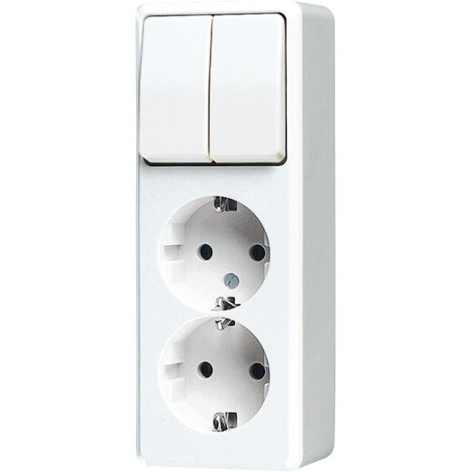 Jung SCHUKO®-Zweifach-Steckdose 16 A 250 V ~ mit Serienschalter 10 AX 250 V ~, AP 600, alpinweiß 625AWW