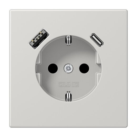 Jung SCHUKO Steckdose 16 A 250 V ~, mit USB-Ladegerät 1 x Typ A + 1 x Typ C, SAFETY+, Serie LS, lichtgrau LS1520-15CALG