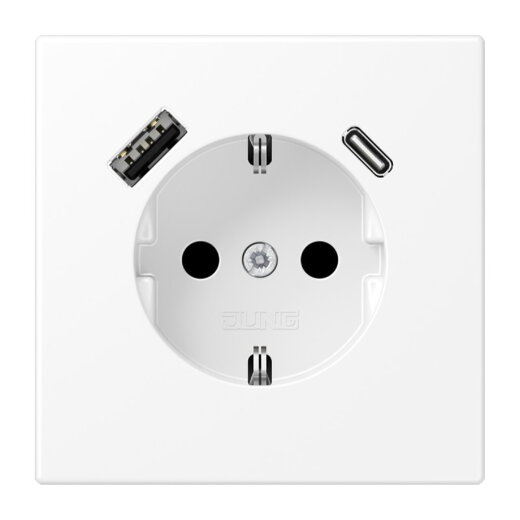 Jung SCHUKO Steckdose 16 A 250 V ~, mit USB-Ladegerät 1 x Typ A + 1 x Typ C, SAFETY+, Serie LS, schneeweiß matt LS1520-15CAWWM