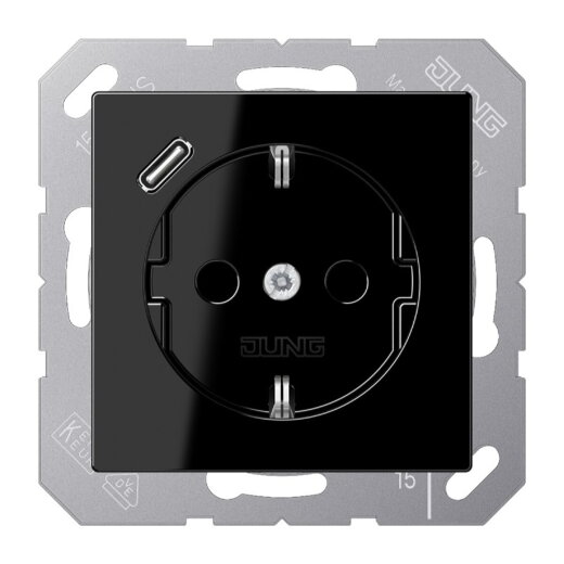 Jung SCHUKO Steckdose 16 A 250 V ~, mit USB-Ladegerät 1 x Typ C, SAFETY+, Serie A, schwarz A1520-18CSW