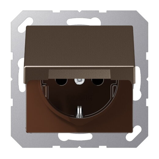 Jung SCHUKO Steckdose, 16 A 250 V ~, Schraubklemmen, ohne Krallen, Klappdeckel, Thermoplast lackiert, Serie A, mokka A1521BFKLMO