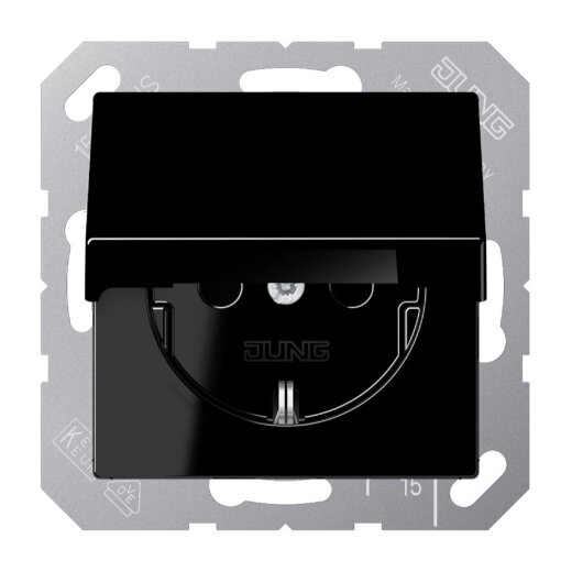 Jung SCHUKO Steckdose, 16 A 250 V ~, Schraubklemmen, ohne Krallen, Klappdeckel, Duroplast, Serie A, schwarz A1521KLSW