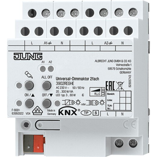 Jung KNX LED-Universal-Dimmaktor, AC 110 ... 230 V ~, 50/60 Hz, 4 TE 3902REGHE