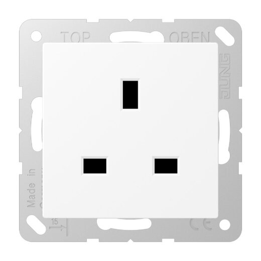 Jung Steckdose, 13 A 250 V ~, Schraubklemmen BS 1363-1, 4 mm2, ohne Krallen, SAFETY+, Serie A, schneeweiß matt A3521WWM